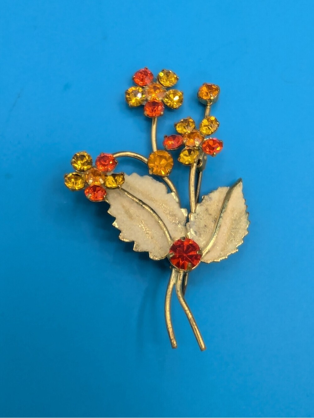 Vintage Autumn Orange Rhinestone Flower Brooch Gold Tone Sugar Texture Leaf Pin